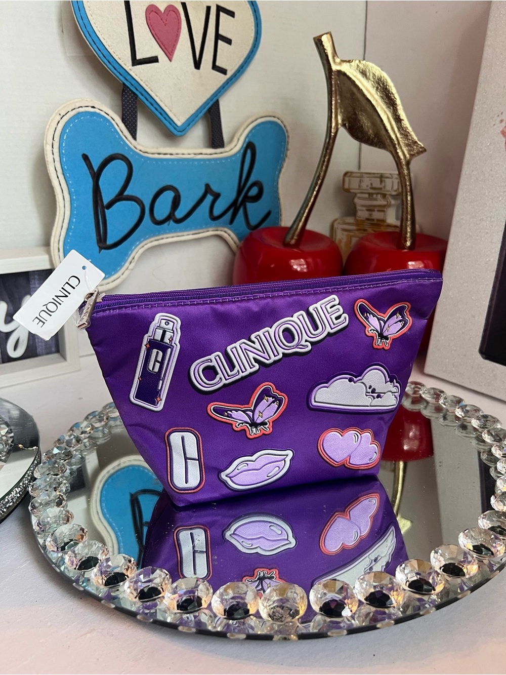 Clinique NWOT Purple butterfly with Sticker Motifs makeup bag